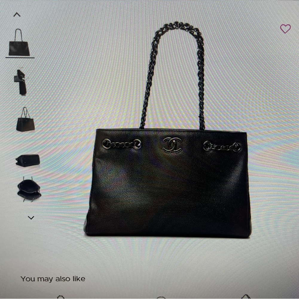 Authentic Chanel calfskin metallic black woven chain large shopping tote